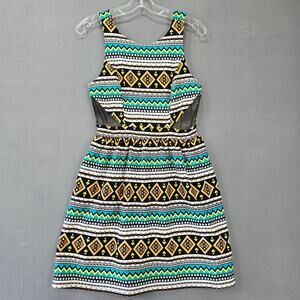 Monteau Blue Black Mini Dress Stretch Stripe Sleeveless Scoop Neck Women Size M